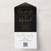 Elegante zwarte en gouden glitters QR-code trouwfe All In One Uitnodiging (Binnen)