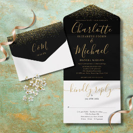 Elegante zwarte en gouden glitterscriptie bruiloft all in one uitnodiging