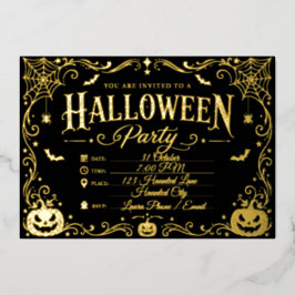Elegante Zwarte en Gouden Halloween  Folie Uitnodiging