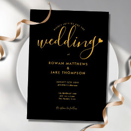 Elegante Zwarte En Gouden Hart Script Bruiloft Kaart