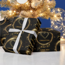 Elegante Zwarte en Gouden Harten Ik Hou van Jou Na Cadeaupapier
