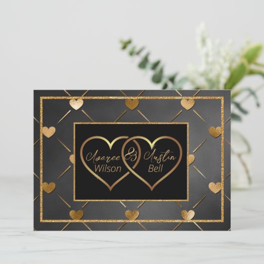 Elegante Zwarte en Gouden Harten Kaart (Staand voorkant)