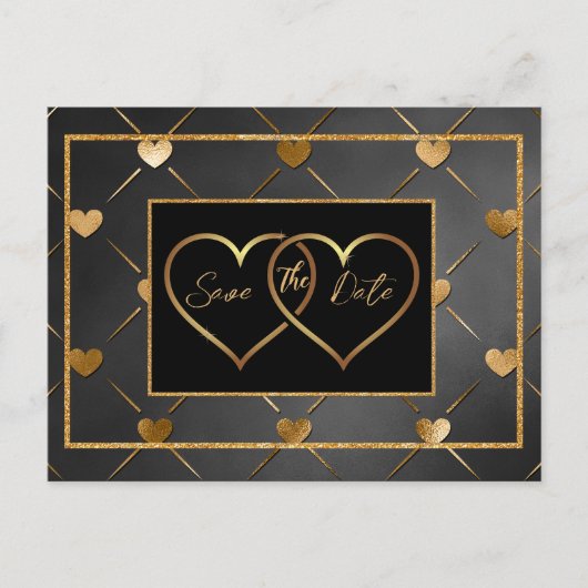 Elegante zwarte en gouden harten redden de datum briefkaart (Voorkant)