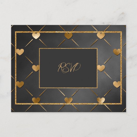 Elegante zwarte en gouden harten RSVP Uitnodiging Briefkaart (Voorkant)