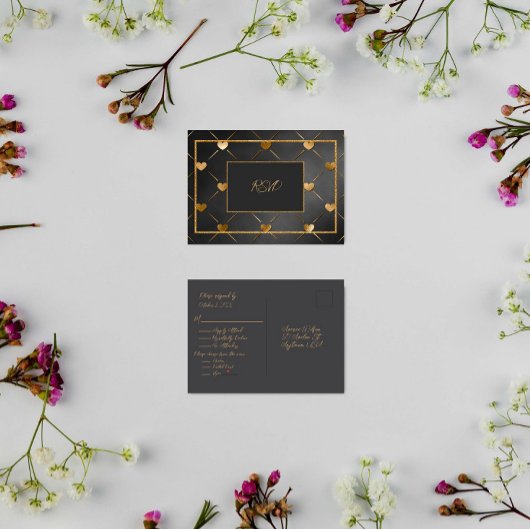 Elegante zwarte en gouden harten RSVP Uitnodiging Briefkaart