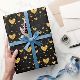 Elegante Zwarte en Gouden Hartjes Valentijnsdag Cadeaupapier