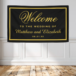 Elegante Zwarte en Gouden Huwelijks Welkom Spandoek