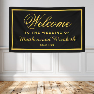 Elegante Zwarte en Gouden Huwelijks Welkom Spandoek