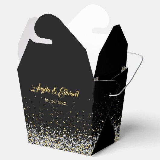 Elegante zwarte en gouden huwelijksgunstdoos bedankdoosjes (Geopend)