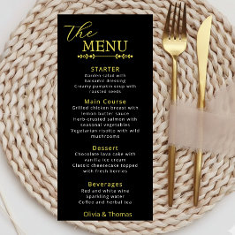 Elegante zwarte en gouden huwelijksmenukaart menu
