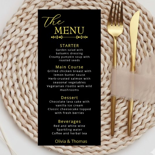 Elegante zwarte en gouden huwelijksmenukaart menu