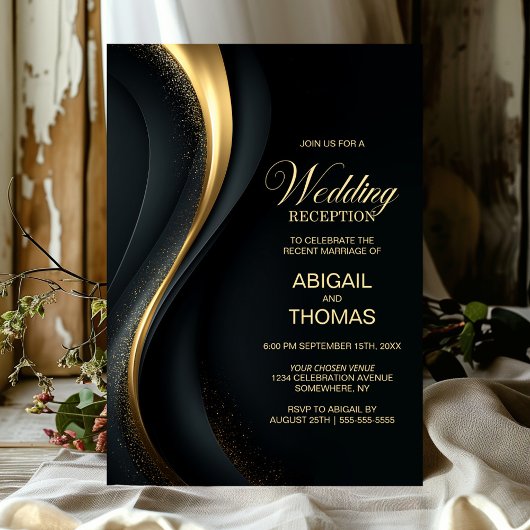 Elegante zwarte en gouden huwelijksreceptie kaart