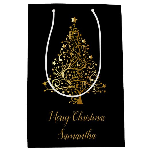 Elegante zwarte en gouden kerstboom cadeau tas medium cadeauzakje (Voorkant)