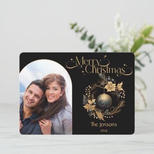 Elegante zwarte en gouden kerstfoto feestdagenkaart (Staand voorkant)