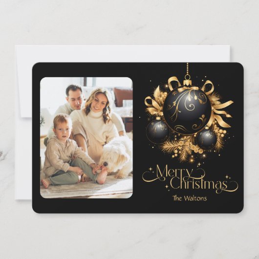 Elegante zwarte en gouden kerstfoto feestdagenkaart (Voorkant)