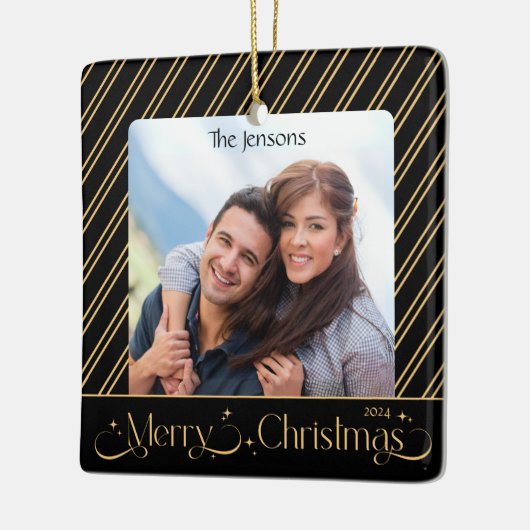 Elegante zwarte en gouden kerstfoto keramisch ornament (Links)