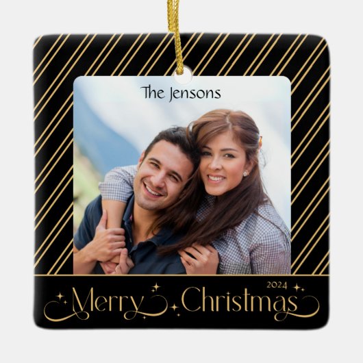 Elegante zwarte en gouden kerstfoto keramisch ornament (Voorkant)