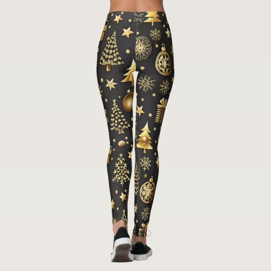 Elegante zwarte en gouden kerstkous vakantie leggings (Achterkant)