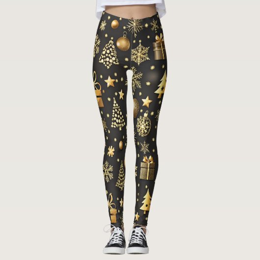 Elegante zwarte en gouden kerstkous vakantie leggings (Voorkant)