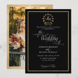 Elegante Zwarte en Gouden Krans Monogram Foto Brui Kaart