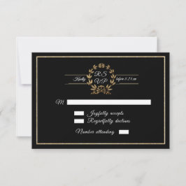 Elegante Zwarte en Gouden Krans Script Calligrafie RSVP Kaartje