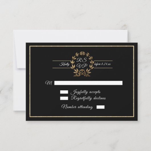 Elegante Zwarte en Gouden Krans Script Calligrafie RSVP Kaartje (Voorkant)