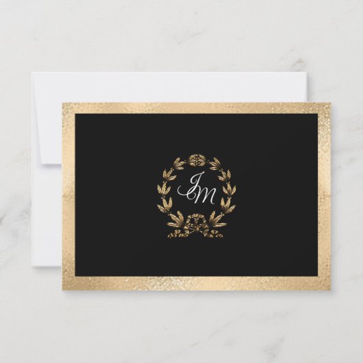 Elegante Zwarte en Gouden Krans Script Calligrafie RSVP Kaartje (Achterkant)