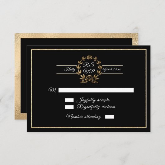 Elegante Zwarte en Gouden Krans Script Calligrafie RSVP Kaartje (Voorkant / Achterkant)