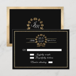 Elegante Zwarte en Gouden Krans Script Calligrafie RSVP Kaartje