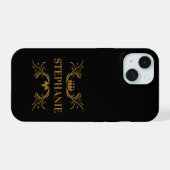 Elegante zwarte en gouden kroon beginletters iPhone 15 case (Achterkant horizontaal)