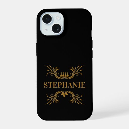 Elegante zwarte en gouden kroon beginletters iPhone 15 case (Achterkant)
