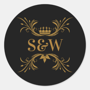 Elegante zwarte en gouden kroon met initialen ronde sticker