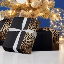 Elegante Zwarte en Gouden Luipaard Glitters Cadeaupapier