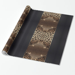 Elegante Zwarte en Gouden Luipaard Glitters Cadeaupapier