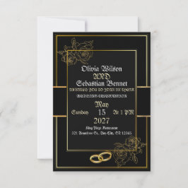 Elegante Zwarte en Gouden Luxe Bloem Bruiloft RSVP Kaartje