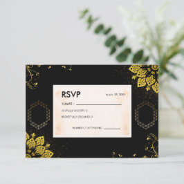 Elegante Zwarte en Gouden Mandala Huwelijks-RSVP K RSVP Kaartje