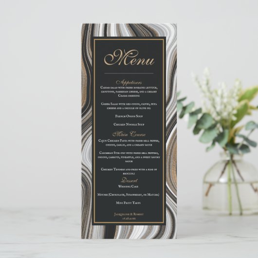 Elegante zwarte en gouden marmeren bruiloft menu (Staand voorkant)