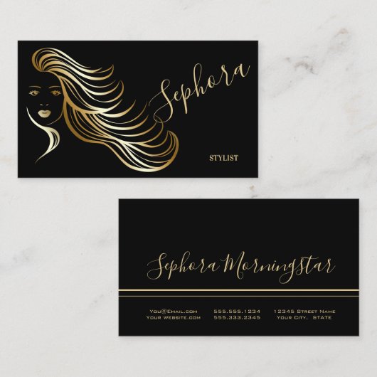 Elegante zwarte en gouden metalen folie kapper visitekaartje (Voorkant / Achterkant)