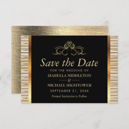 Elegante Zwarte en Gouden Metallic Bruiloft Save The Date (Voorkant / Achterkant)