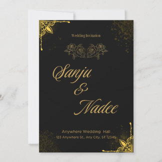 Elegante zwarte en gouden moderne trouwuitnodiging kaart
