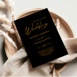 Elegante Zwarte en Gouden Moderne Typografie Huwel Kaart