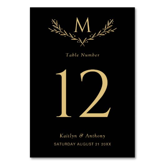 Elegante zwarte en gouden monogram bloemenkrans br kaart (Achterkant)