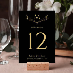 Elegante zwarte en gouden monogram bloemenkrans br kaart