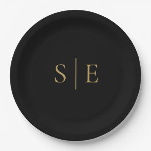 Elegante zwarte en gouden monogram minimalist papieren bordje