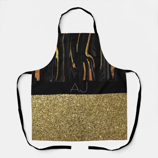 Elegante zwarte en gouden monogram schort (Voorkant)