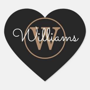 Elegante zwarte en gouden monogramnaam hart sticker