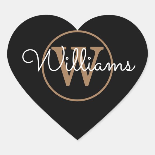 Elegante zwarte en gouden monogramnaam hart sticker (Voorkant)