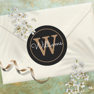 Elegante zwarte en gouden monogramnaam ronde sticker