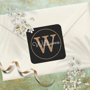 Elegante zwarte en gouden monogramnaam vierkante sticker