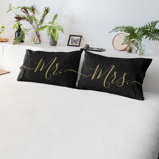 Elegante zwarte en gouden Mr. Mrs. script pasgetro Kussensloop